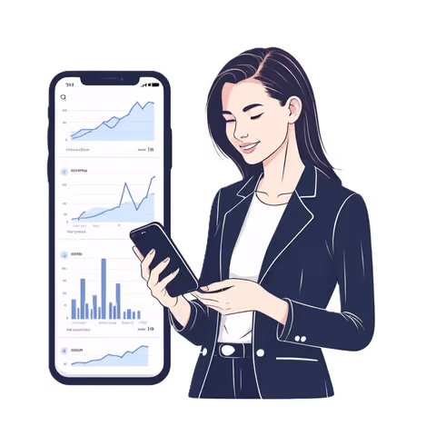 A woman looking at her phone. The phone is showing upwards trending charts.